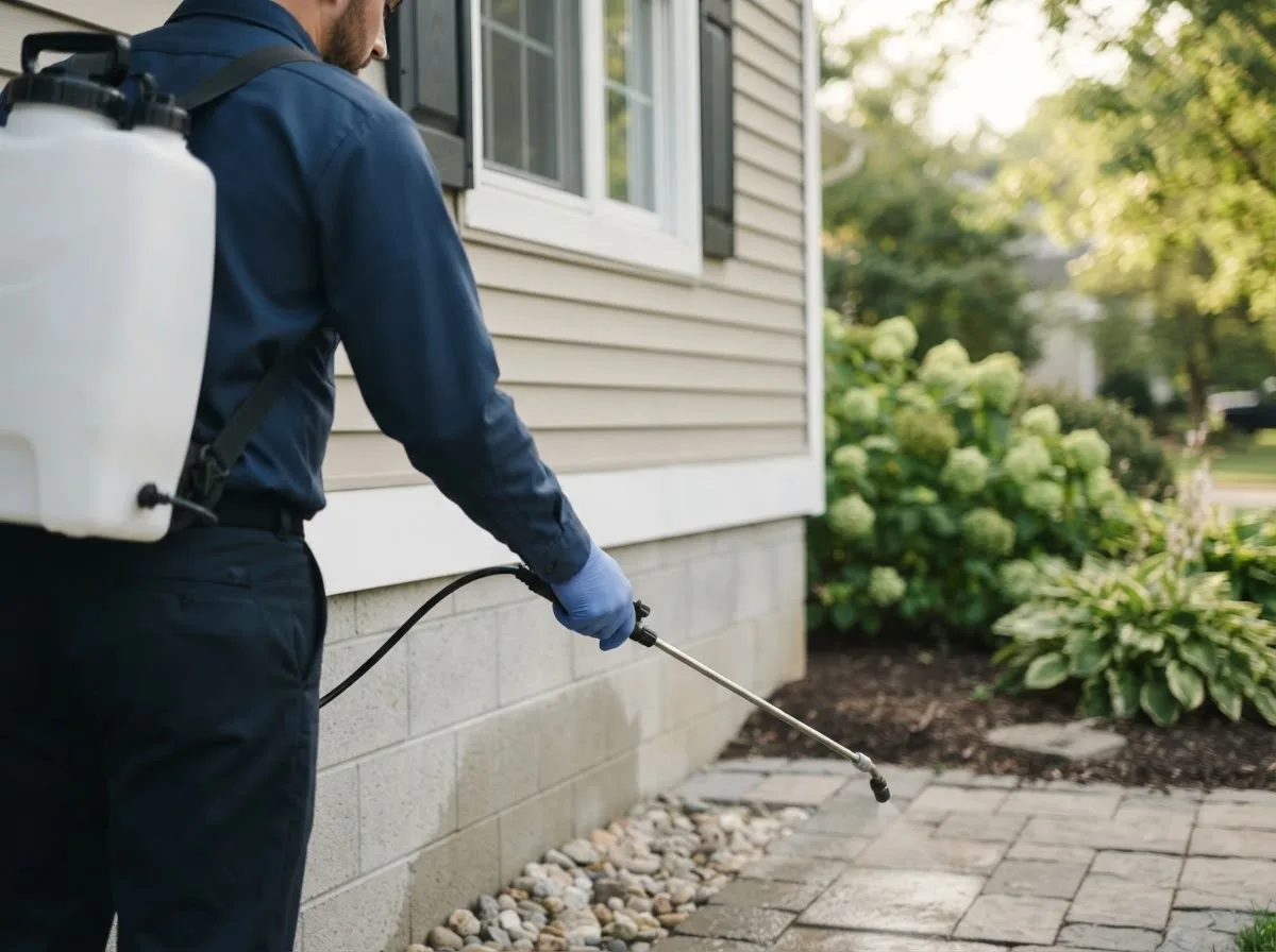 Pest control technician inspecting a home in Triplett, MO